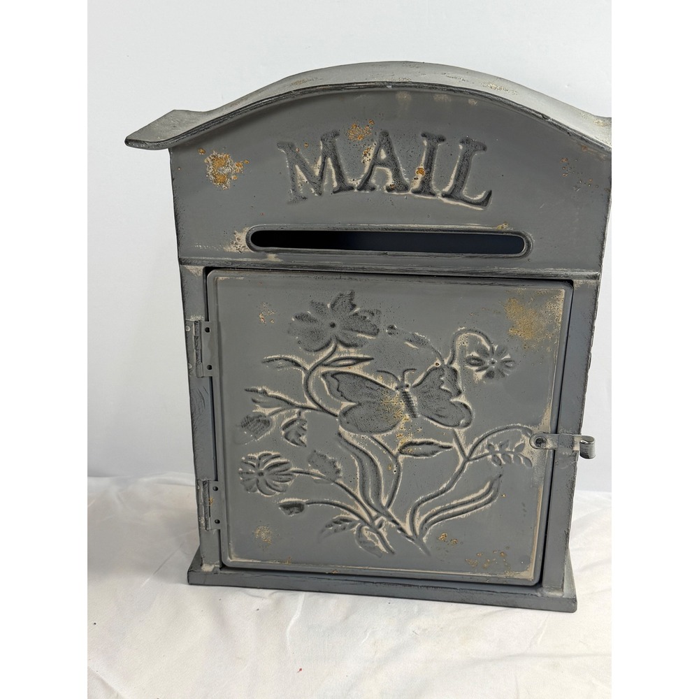 Vintage Style Metal Wall Mount Mailbox Butterfly Floral Embossed Gray Rustic